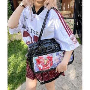 ボストンバッグ 「推し活・痛バッグ」クリアポケット付きスクエアバッグ レディース