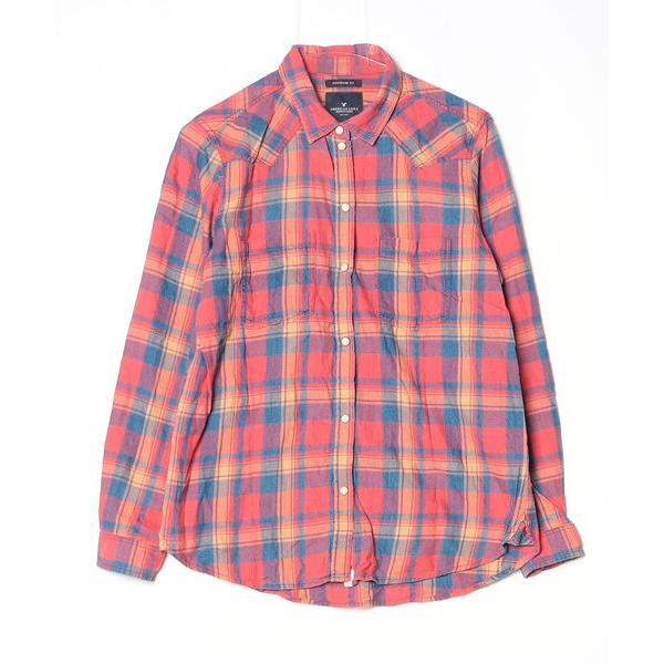 「American Eagle」 チェック柄長袖シャツ M レッド レディース