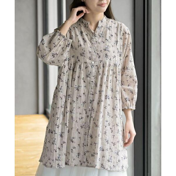 シャツワンピース 刺繍×花柄プリント７分袖シャツワンピース