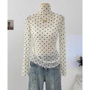 tシャツ ドット柄 シアー長袖 メロウ ハイネックトップス レディース