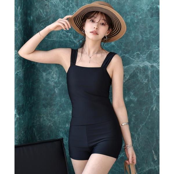 水着 「上下2点セット/大きいサイズ有」幅広肩紐でリラクシー。スクエアネックタンキニ レディース水着...