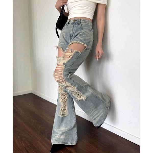 ジーンズ デニム デニムパンツ カットアウトハイダメージデニムフレアパンツ レディース