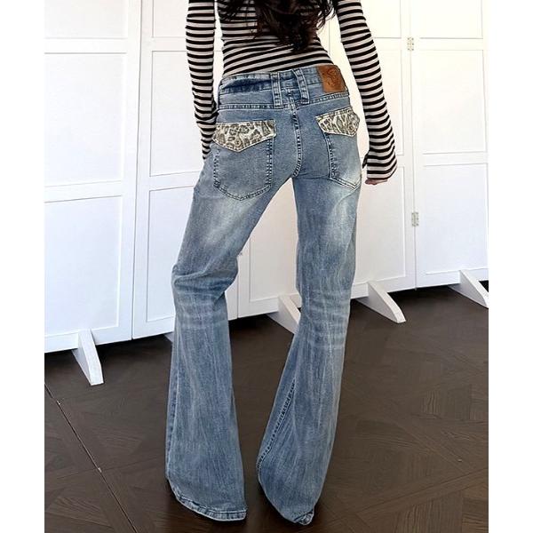 ジーンズ デニム デニムパンツ レオパードアクセントポケットローライズデニムフレアパンツ レディース