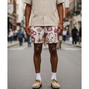 水着 BOARD SHORTS/OAS / アート総柄ボードショーツ アイボリー×ボルドー 水陸両用 ショートパンツ スイムショーツ リゾート 夏