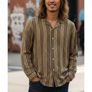 シャツ DESIGN TEE/OAS / 幾何学総柄オープンカラー長袖シャツ ベージュ×ブラウン ドット柄 リゾートシャツ 開襟 大人カジュアル