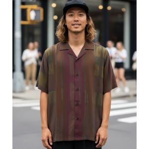 シャツ 半袖 SS SHIRT/OAS / アートストライプ オープンカラー半袖シャツ ブラウン×ボルドー 総柄 リゾートシャツ 開襟 夏