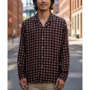 シャツ DESIGN TEE/OAS / 小紋柄オープンカラー長袖シャツ ブラック×レッド 総柄 リゾートシャツ 幾何学柄 大人カジュアル