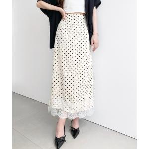 ロング スカート 裾レースドット柄ナロースカート