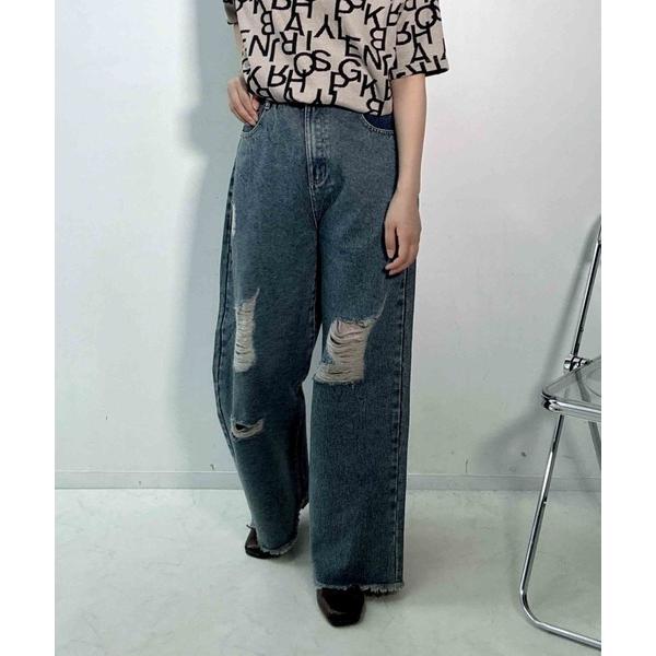 ジーンズ デニム デニムパンツ ダメージ加工 ルーズストレート デニムパンツ レディース