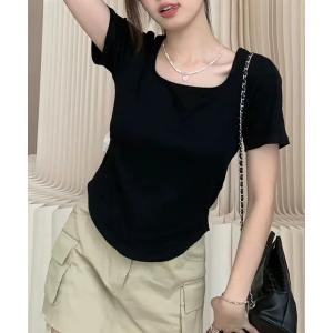 tシャツ スクエアネック 裾カーブ 無地Tシャツ レディース