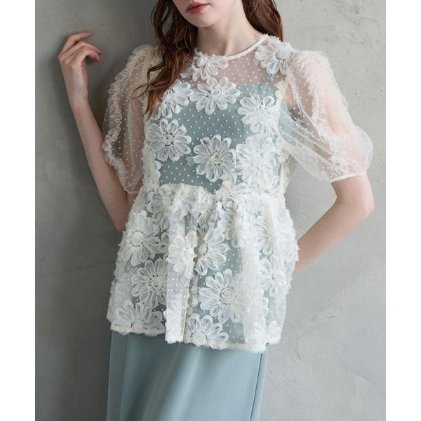 ブラウス シャツ フロッキードット×3Dフラワー刺繍バックリボンペプラムブラウス レディース