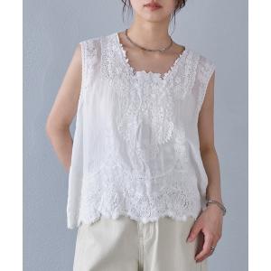 ブラウス シャツ 夏 シアーコットンレースフラワーモチーフノースリーブブラウス レディース