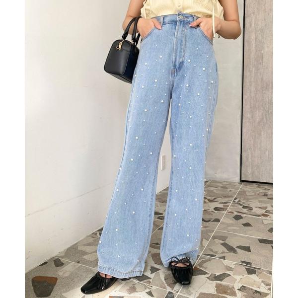 「moment+」 デニムパンツ L サックスブルー レディース