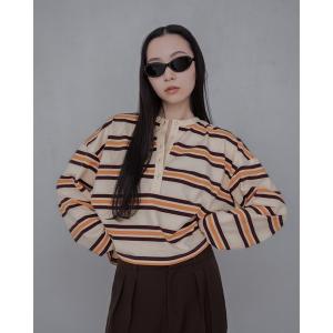 tシャツ ボーダーカットソー／ヘンリーネックデザイン × クロップド丈ルーズシルエット レディース