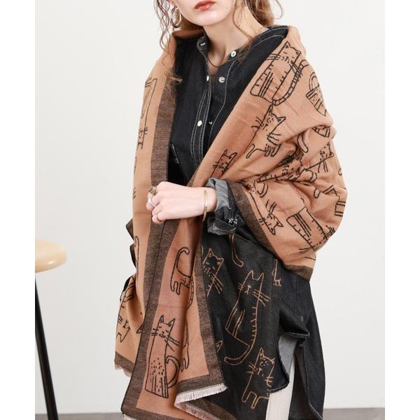 ストール マフラー ジャガード編み キャットモチーフ 大判ストール レディース