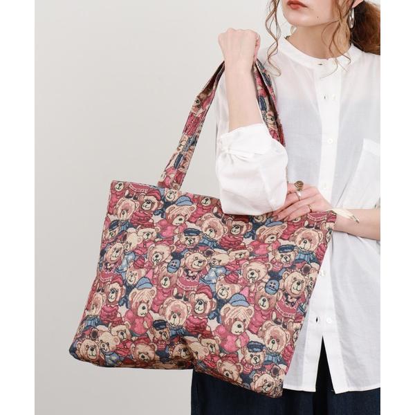 トートバッグ ジャガード風テディベアプリントトートバッグ レディース