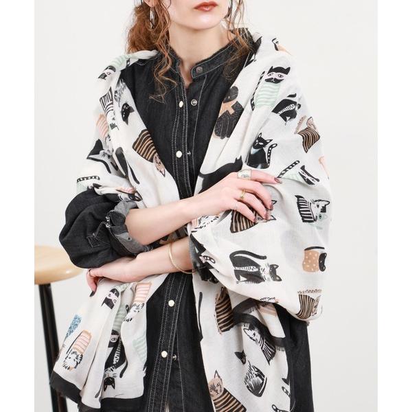 ストール マフラー マルチキャットプリント 総柄 大判ストール レディース