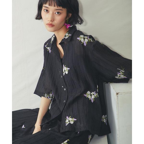 ブラウス シャツ 花刺繍シアーストライプスキッパーシャツ レディース