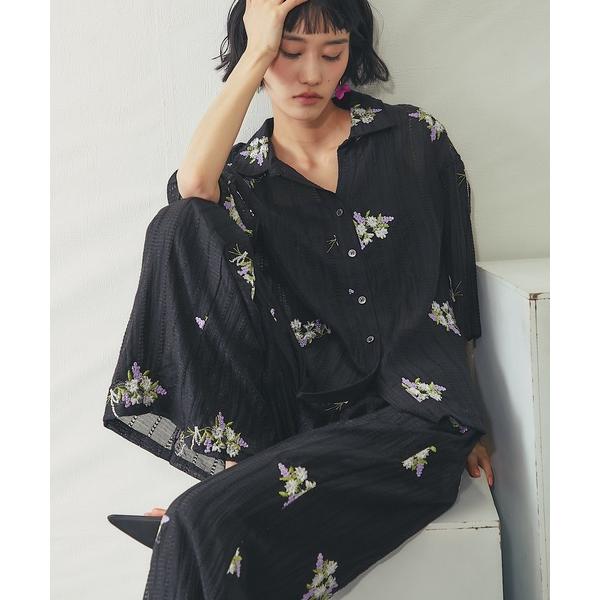 パンツ 花刺繍シアーストライプイージーパンツ レディース