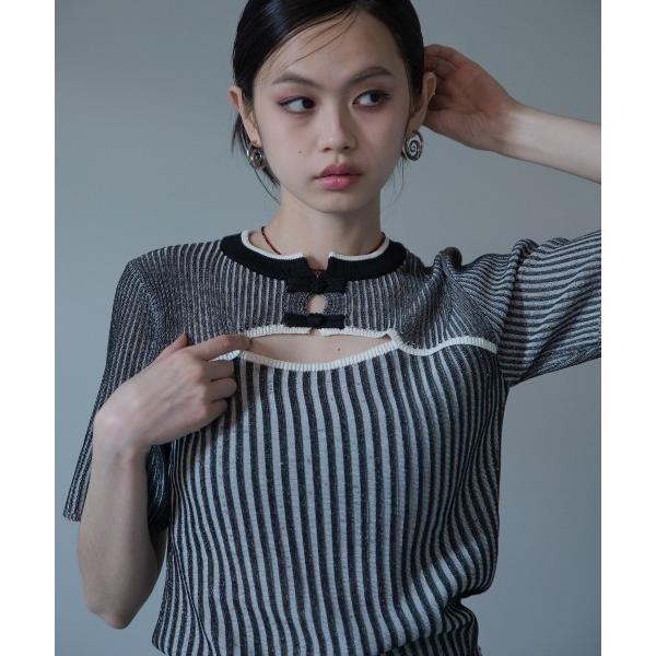 tシャツ チャイナボタン配色リブトップス レディース