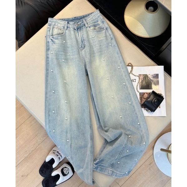 ジーンズ デニム デニムパンツ パールドットワイドデニムパンツ レディース
