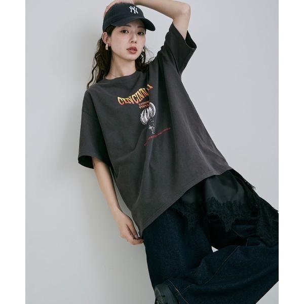 tシャツ 半袖 ピグメントヴィンテージ加工プリントTシャツ レディース