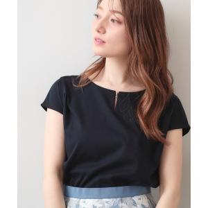 tシャツ 半袖 「接触冷感」ビジューキーネックフレンチトップス「UVケア／洗濯機OK／XS〜3L／8col」 レディース