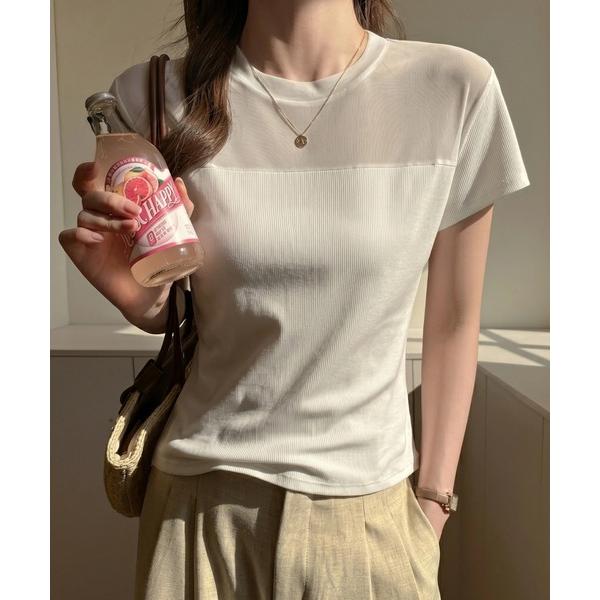 tシャツ メッシュ切り替え半袖リブTシャツ レディース