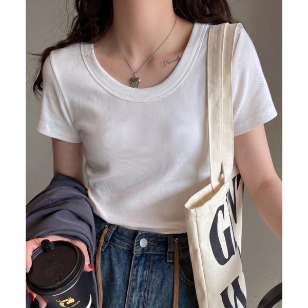 tシャツ ワイドネックショートリブ半袖Tシャツ レディース
