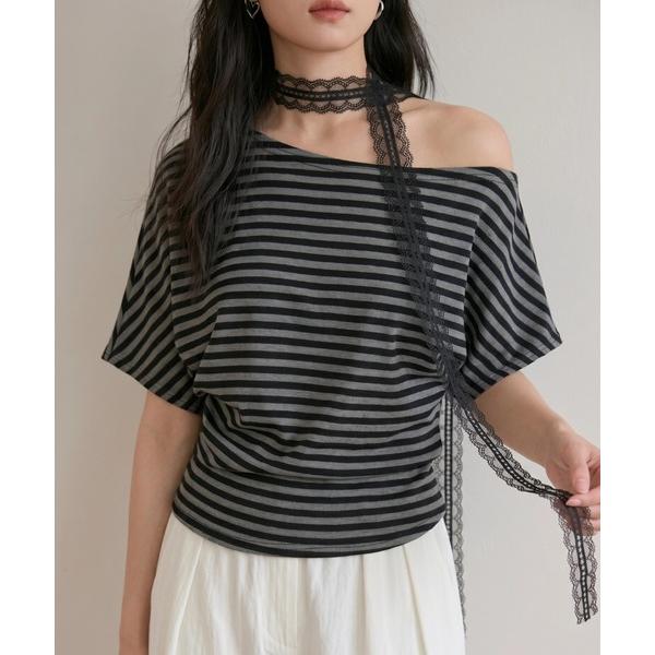 tシャツ レーススカーフ付き オフショル半袖Tシャツ レディース