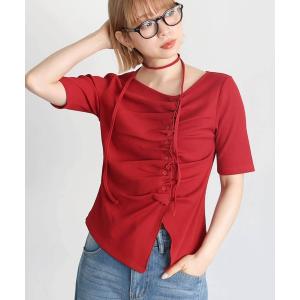 tシャツ チョーカー付き前ギャザーテレコT レディース
