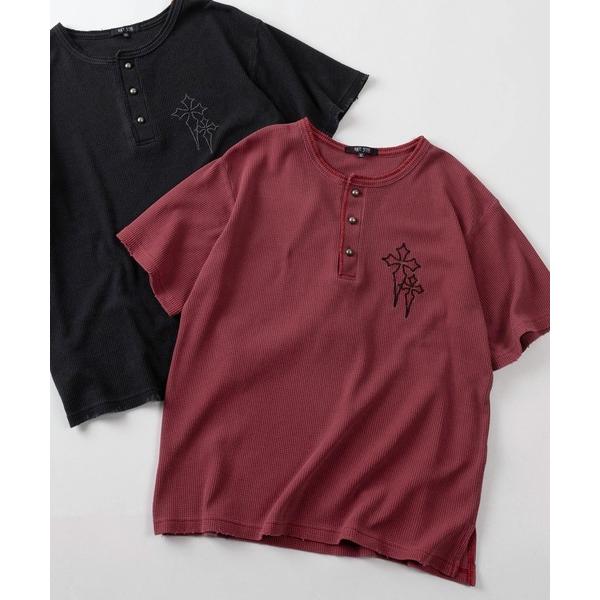 tシャツ 「82」ピグメント加工 クロスワンポイント ワッフル ヘンリーネックTシャツ/ユニセックス...