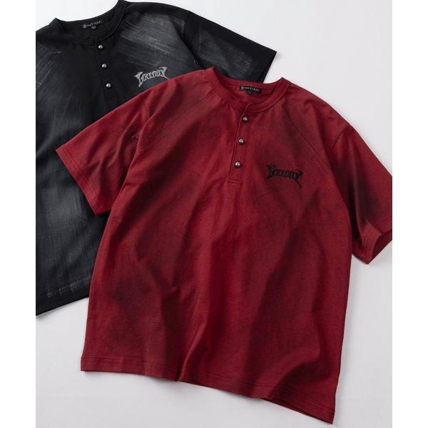 tシャツ 「82」スプレー加工 ワンポイント刺繍 ショート丈 切替 ヘンリーネックTシャツ/ユニセッ...