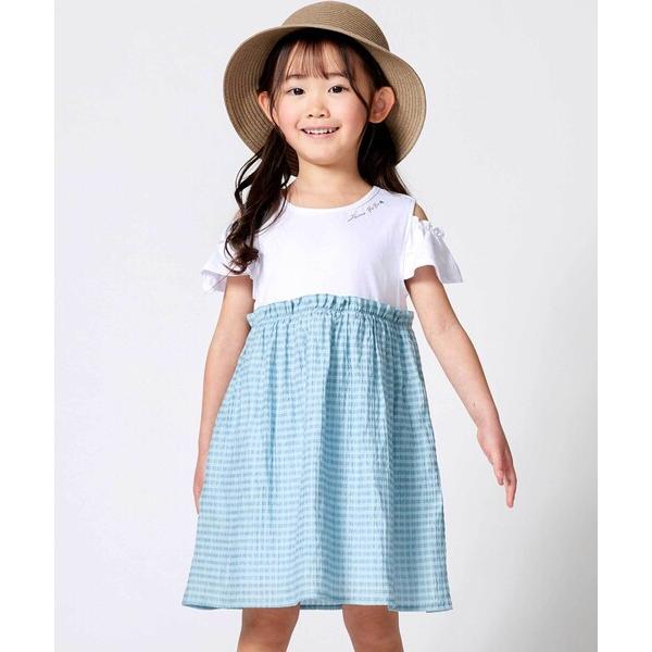 ワンピース シアーチェックドッキング肩開きワンピース キッズ 子供服 女の子