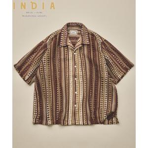 シャツ 「新色追加」インド製 リラックスフィット 総柄レース マルチストライプ オープンカラーシャツ ショートスリーブ メンズ
