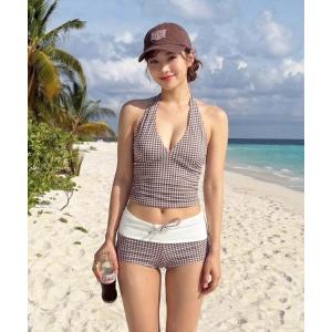 水着 レディース水着　レトロチェックホルターネックビキニ レディース