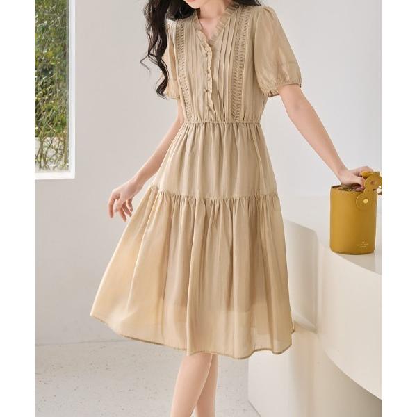 ワンピース ピンタック フリルVネック ロングワンピース / ティアードシルエット / 半袖 / ウ...