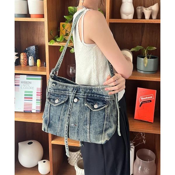 ショルダーバッグ バッグ リメイク風 ウォッシュデニムショルダーバッグ レディース