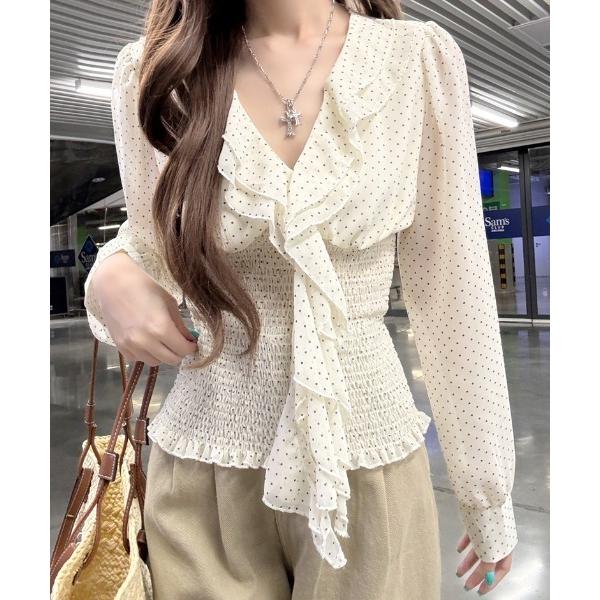 ブラウス シャツ ドット柄 ラッフルフリルブラウス / シャーリング / シアー素材 / Ｖネック ...