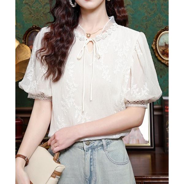 ブラウス シャツ ボタニカル刺繍 パフスリーブブラウス / レース襟 / リボンタイ / フレンチガ...