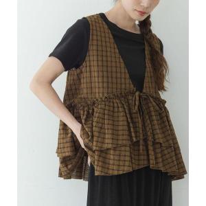 ブラウス シャツ サッカーチェックペプラムベストブラウス レディース