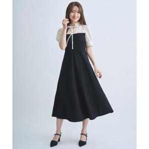 ワンピース 半袖 フリル衿ニットドッキングワンピース
