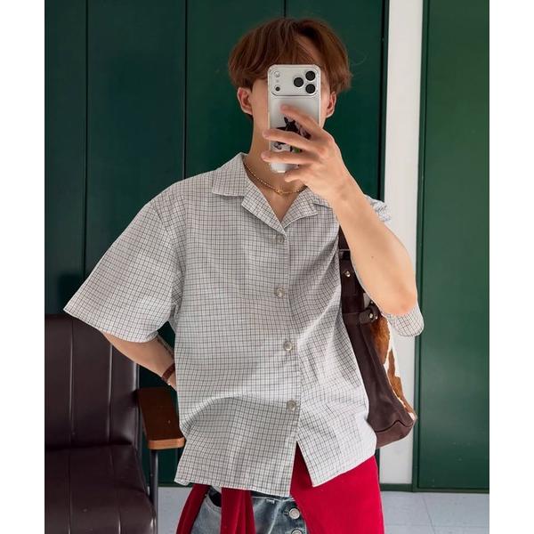 シャツ 半袖 「ユニセックス」オリジナルボタンチェック柄オープンカラーシャツ メンズ レディース