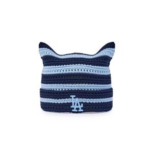 ニット帽 ニットキャップ レディース 「日本未発売/WEB限定」MLB KOREA(エムエルビーコリア)/ストライプ サマー 猫耳 ねこ耳ビーニー 耳付き クロシェ編み…