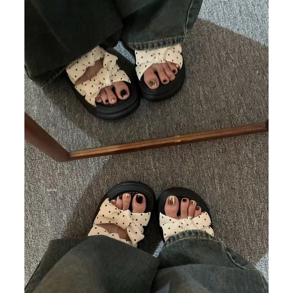 サンダル 26ss ドット柄ダブルリボン厚底サンダル レディース