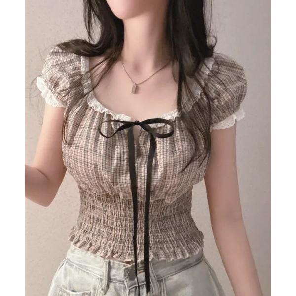 ブラウス シャツ 夏 チェック柄シャーリングフリルブラウス レディース