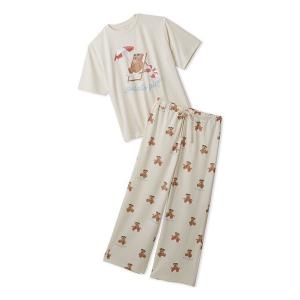 パジャマ ルームウェア 「ONLINE限定」「接触冷感」サマーベア柄ワンポイントTシャツ＆ロングパンツセット レディース