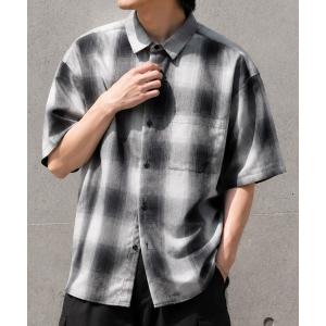 シャツ 半袖 「70」オンブレチェック ルーズフィット レギュラーカラー半袖シャツ メンズ レディース