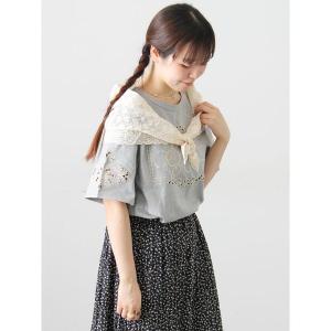 tシャツ 三角ストール付カットワーク刺繍Tシャツ レディース
