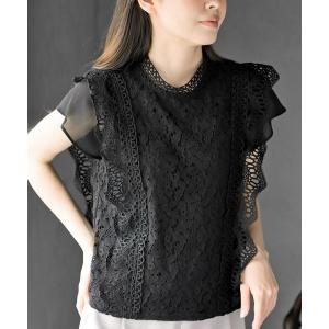 ブラウス シャツ 半袖 プチハイネックフレンチスリーブレースブラウス レディース